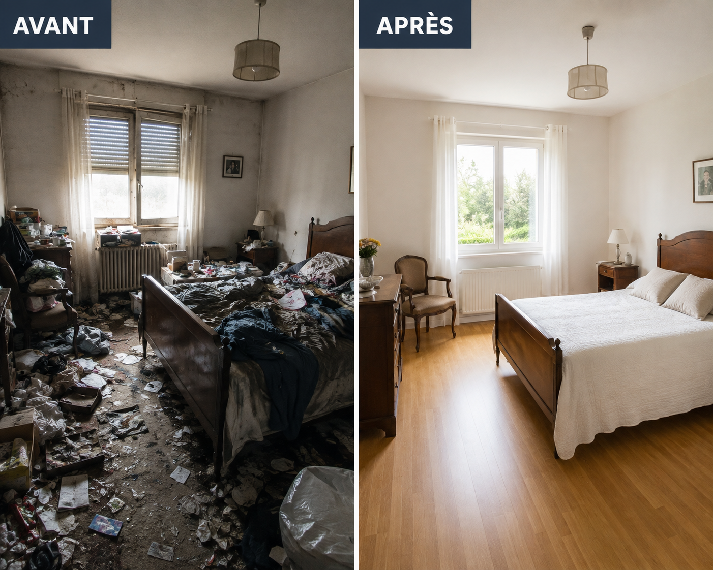 Chambre avant et après un nettoyage extrême — illustration